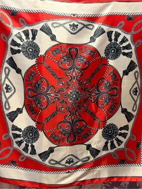 Red and Cream Decorative Silk Scarf with Black Motif